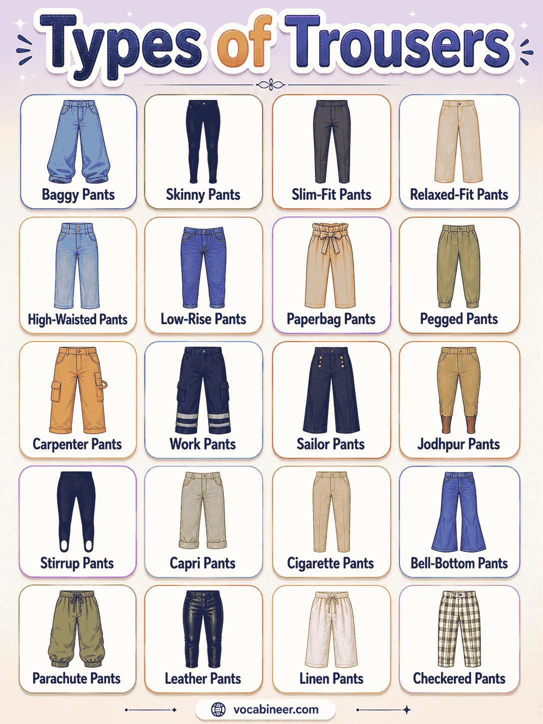 A visual trouser chart showing common trouser styles with pictures, fits, fabrics, and simple clothing vocabulary examples.