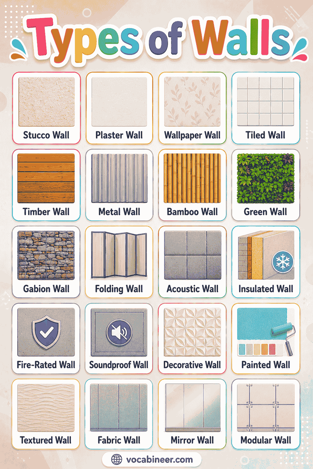 A visual construction vocabulary chart showing types of walls with names, including brick wall, concrete wall, stone wall, drywall, glass wall, partition wall, and retaining wall.