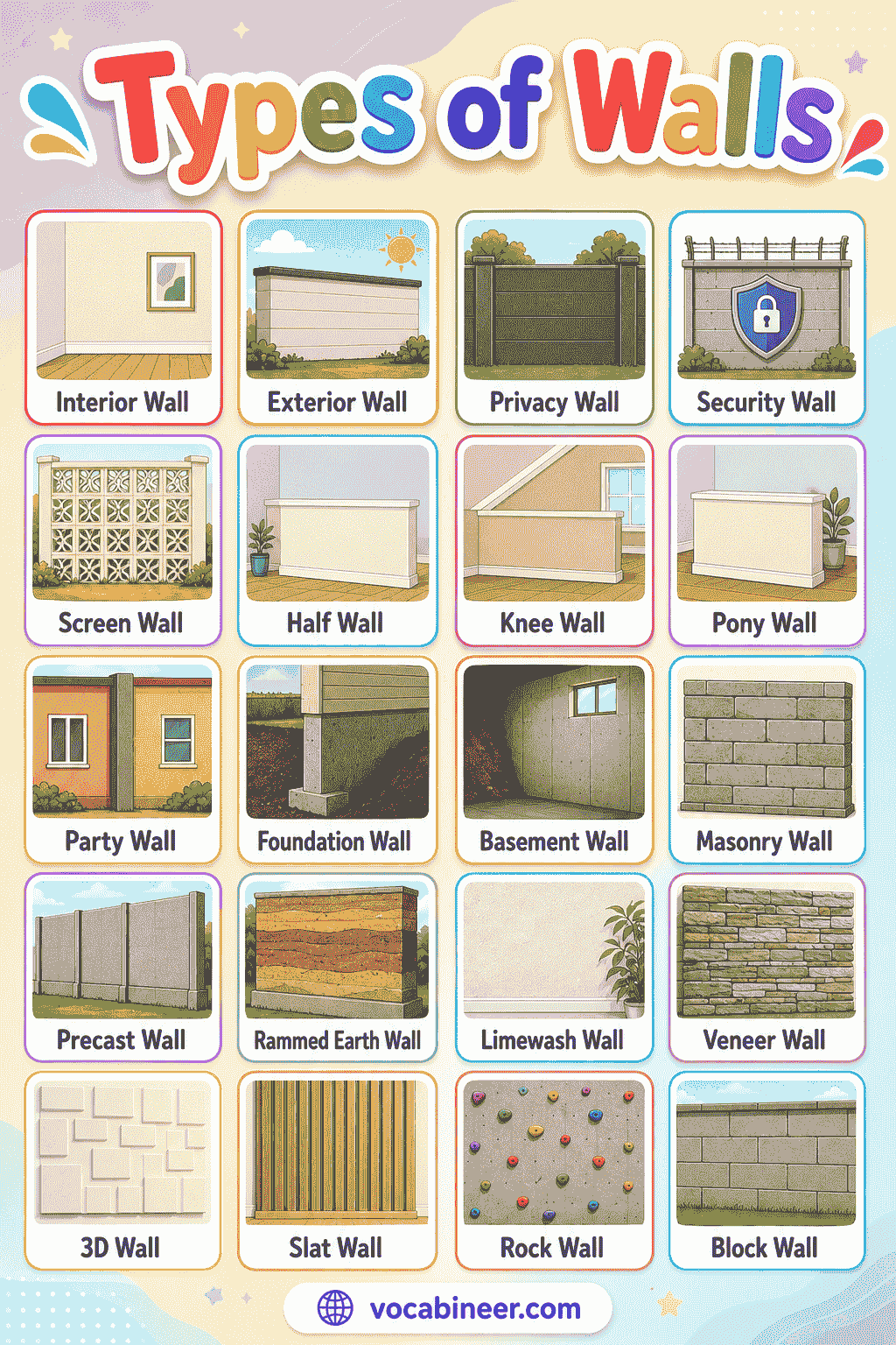 A visual construction vocabulary chart showing types of walls with names, including brick wall, concrete wall, stone wall, drywall, glass wall, partition wall, and retaining wall.