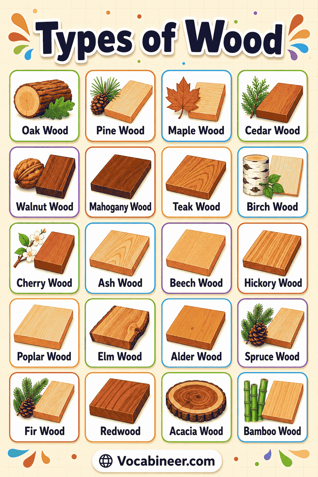 A visual wood chart showing hardwood, softwood, engineered wood, outdoor wood, light wood, and dark wood with names and picture examples.