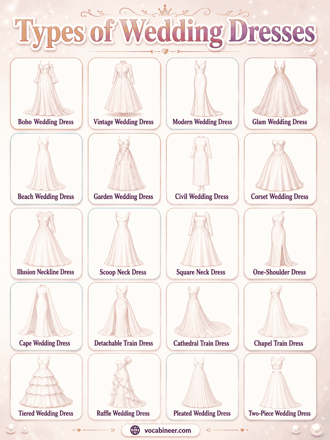 A visual wedding dress silhouette chart showing ball gown, A-line, mermaid, trumpet, sheath, empire, fit-and-flare, column, princess, and high-low styles.