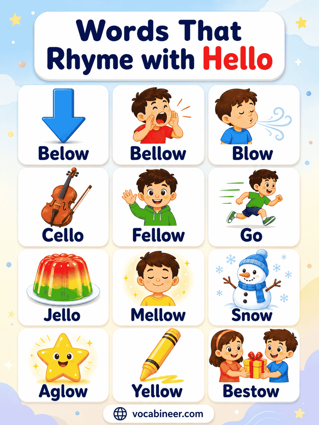Words That Rhyme with Hello for Poems, Songs, and Kids