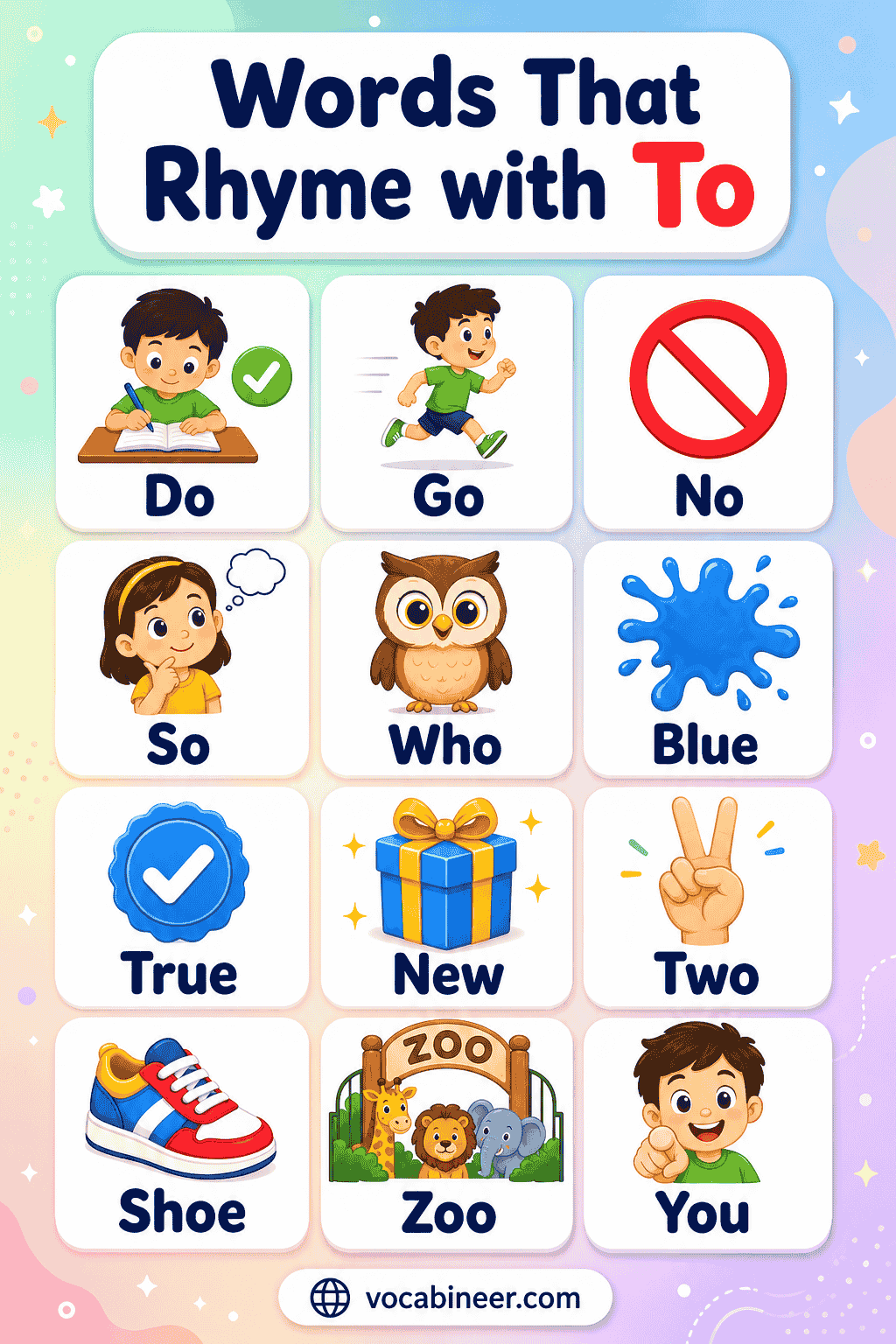 A simple rhyming words guide showing common words that rhyme with to, including blue, true, clue, shoe, zoo, and you.