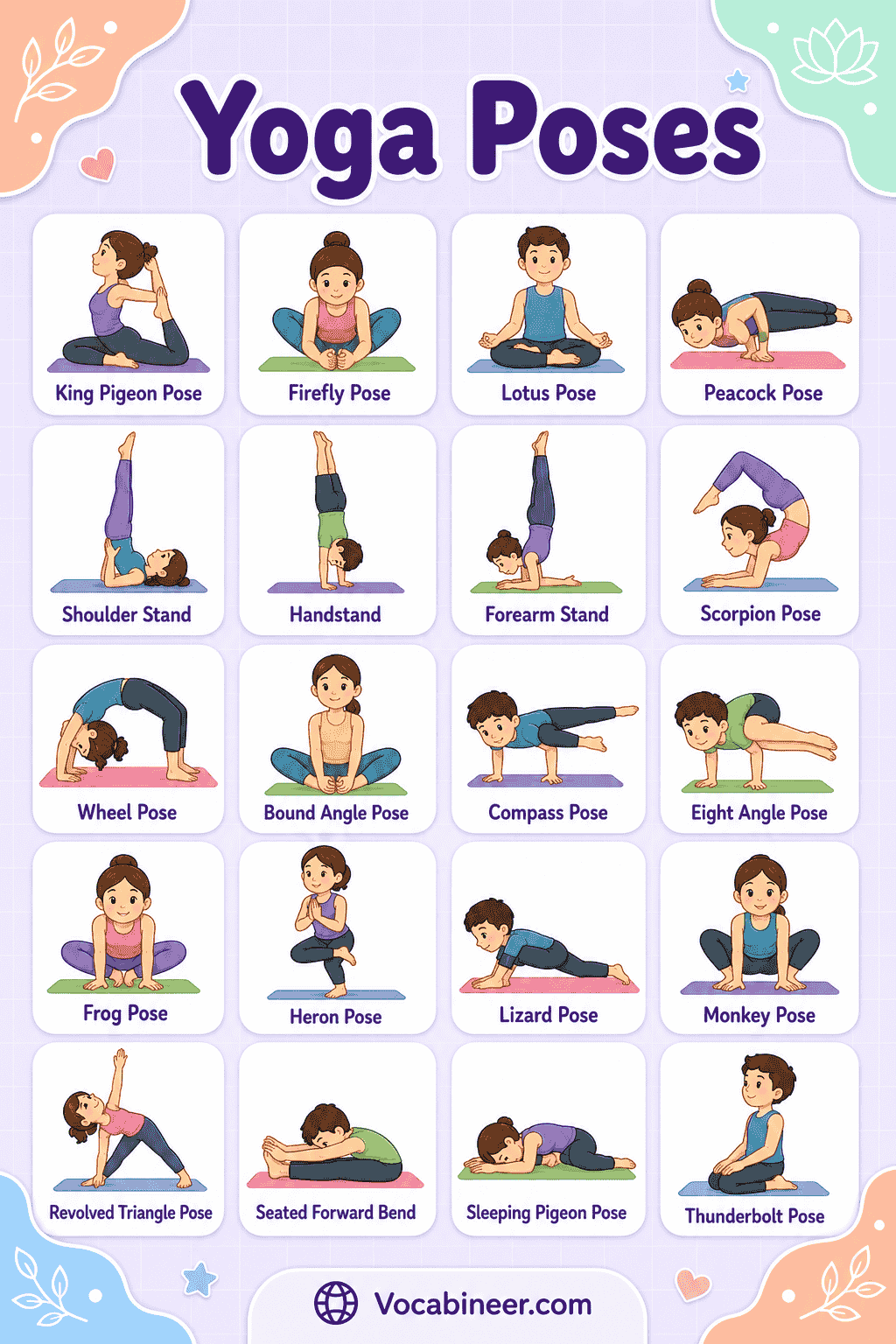 beginner yoga poses with pictures including Mountain Pose, Child’s Pose, Easy Pose, Cat-Cow, Cobra Pose, Downward-Facing Dog, Tree Pose, Bridge Pose, Warrior Poses