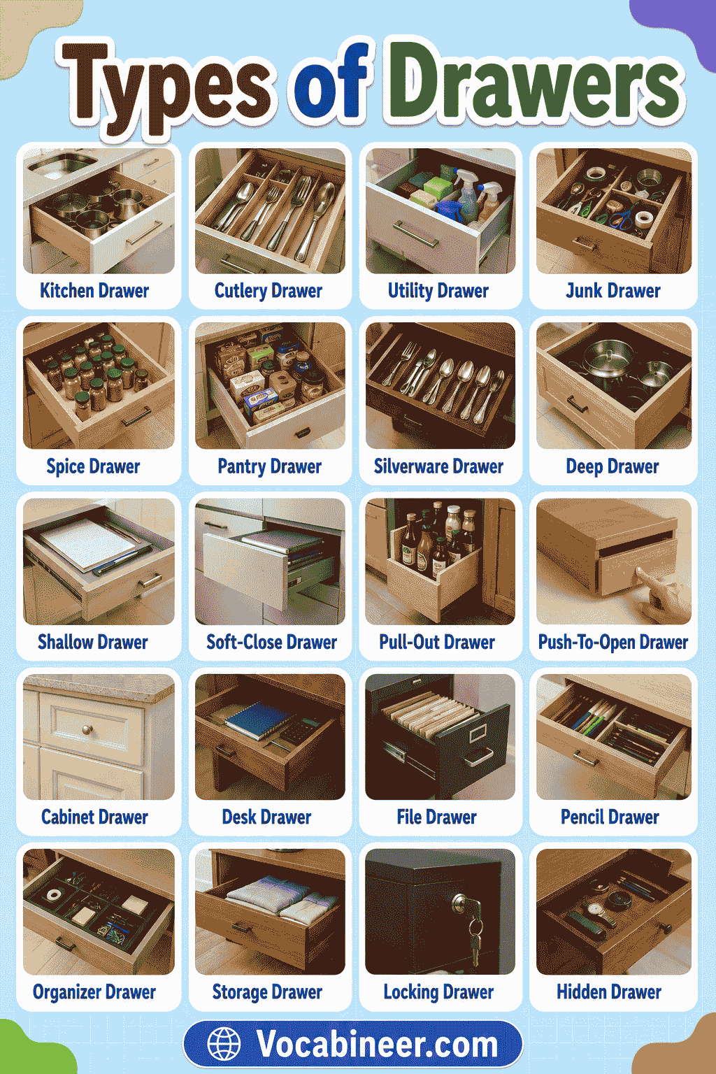 different drawer design with pictures and names