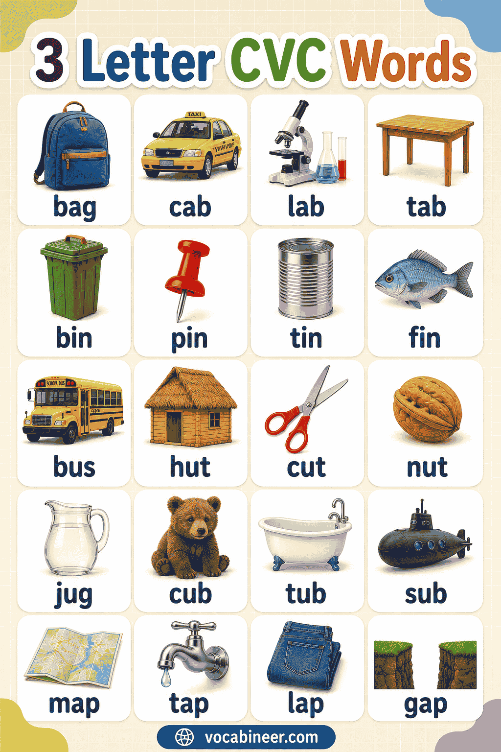 100+ Three Letter CVC Words for Kids with Pictures
