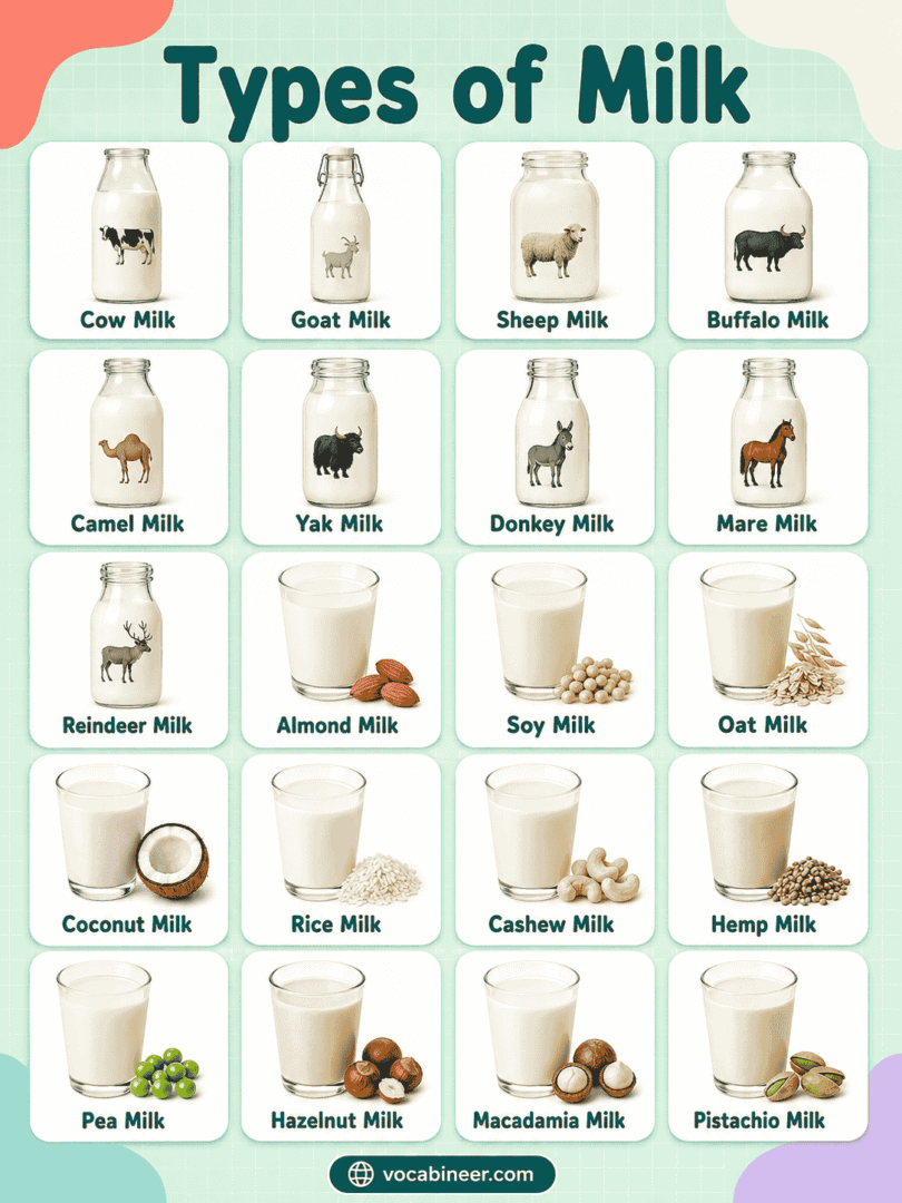 Types of Milk with Names, Meanings, Uses & Pictures