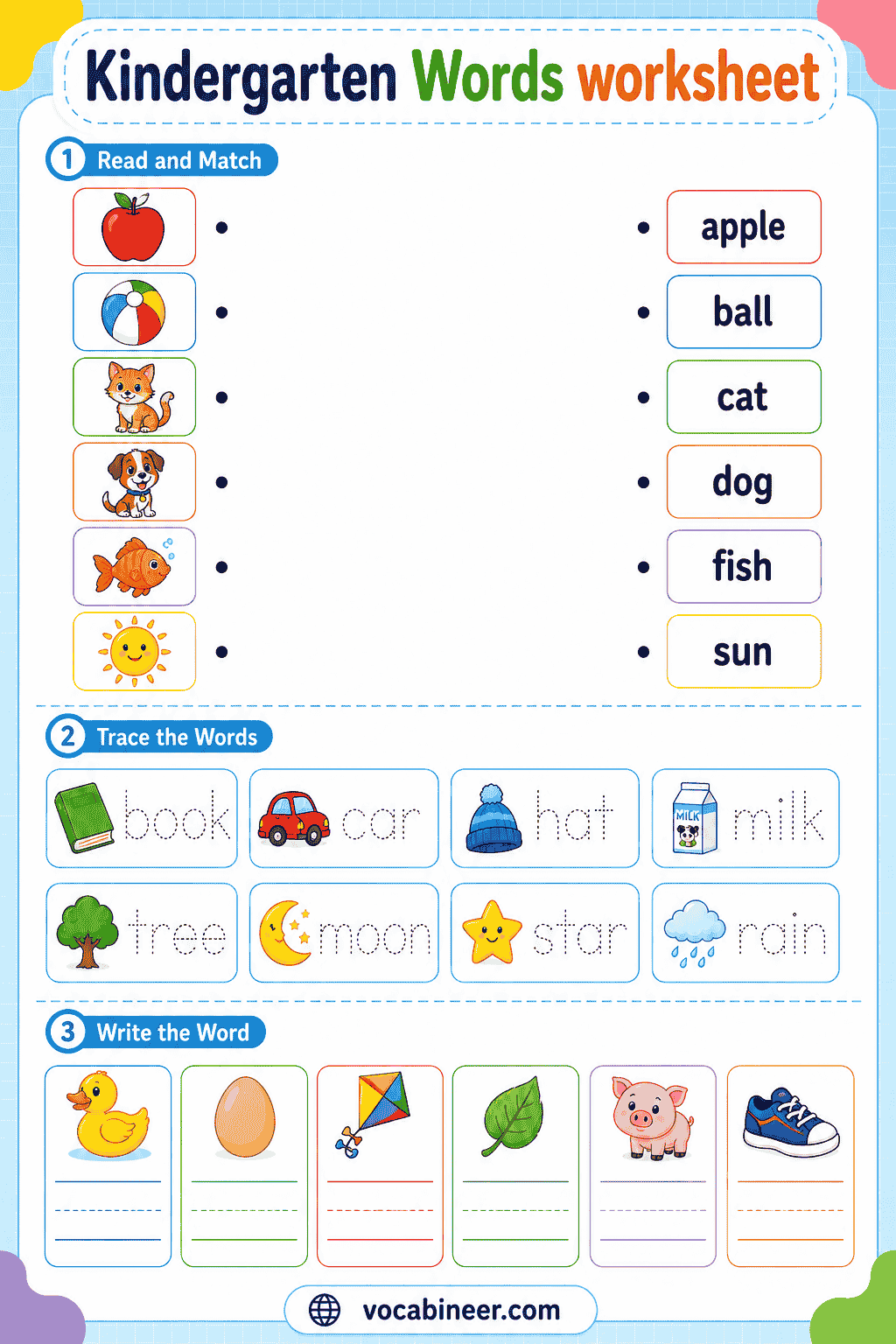 Beginner Kindergarten Words for Flashcards and Worksheets