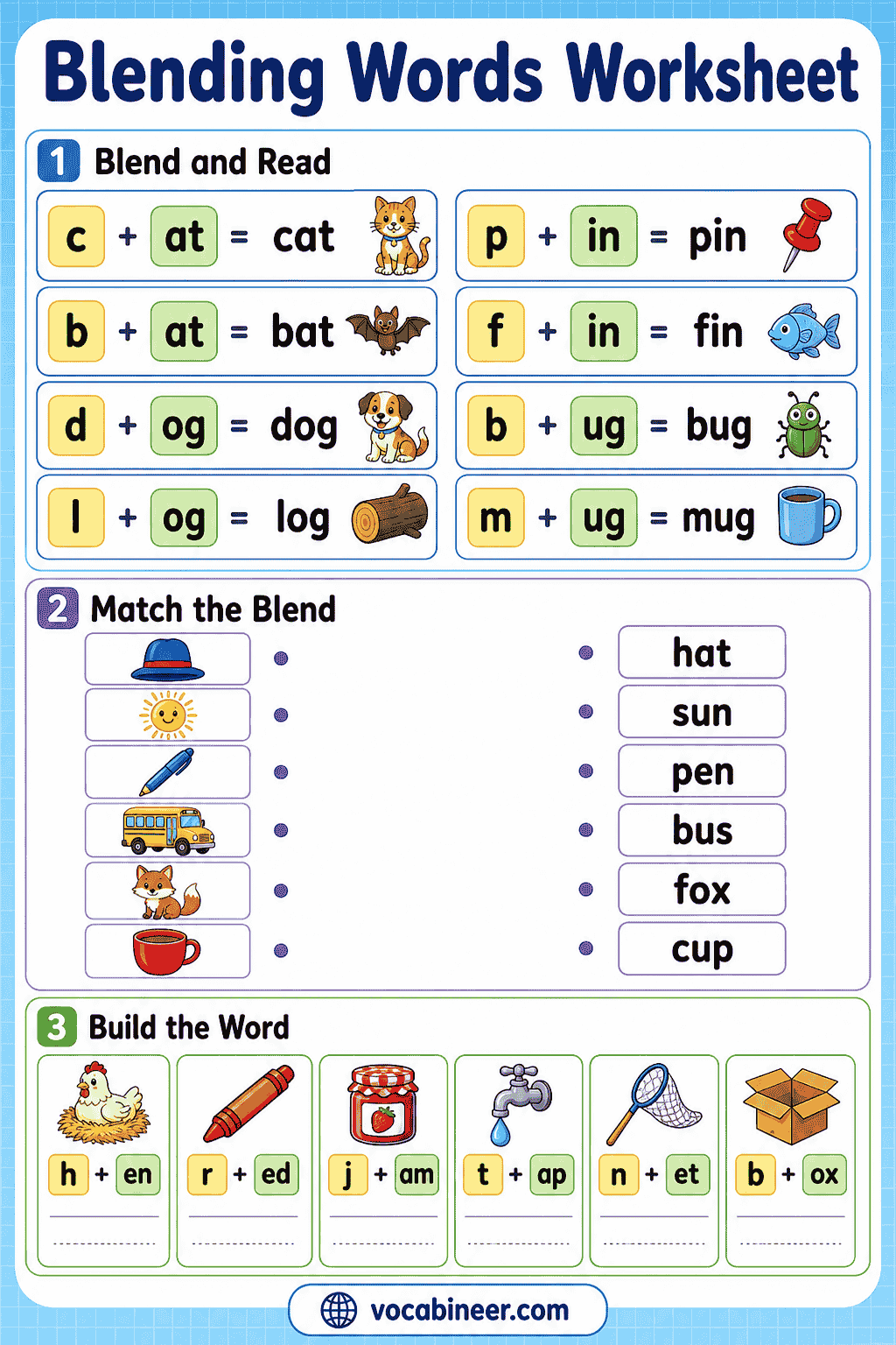 Blending Worksheets and Flashcards for Kids