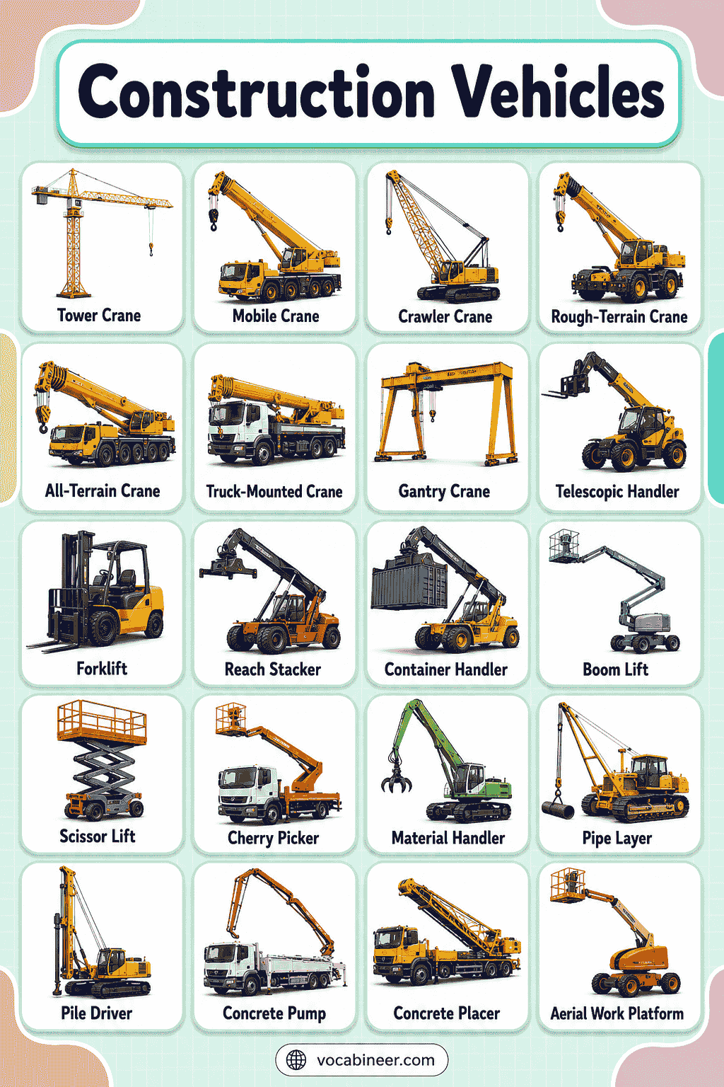 Building Site Vehicles with Names, Pictures, and Uses
