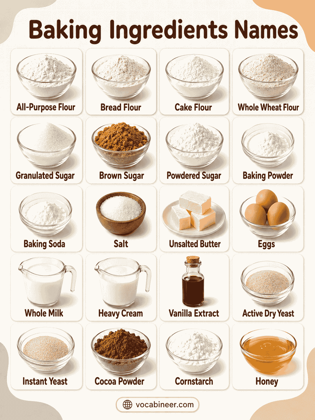 Common Baking Ingredients with Names and Functions