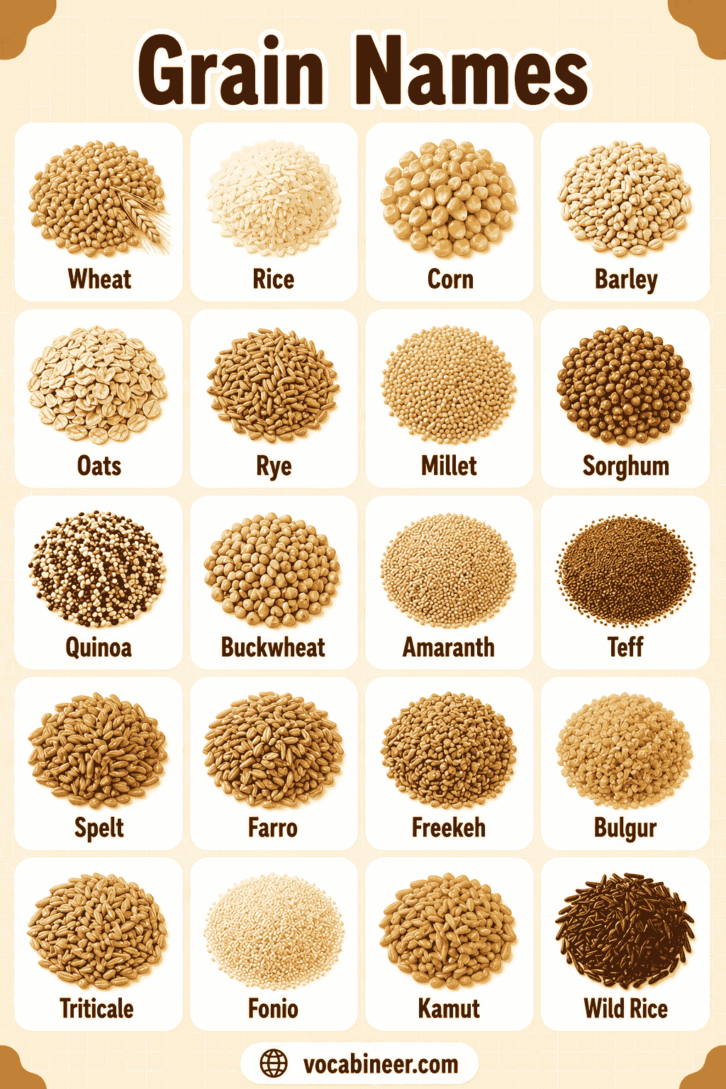 Common Grain Names with Simple Meanings and Uses