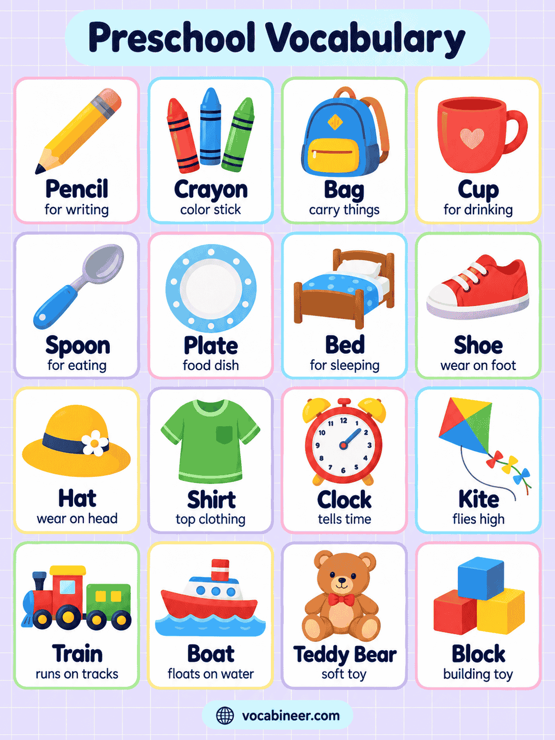 Easy Vocabulary Words for Preschool Kids with Meanings in English