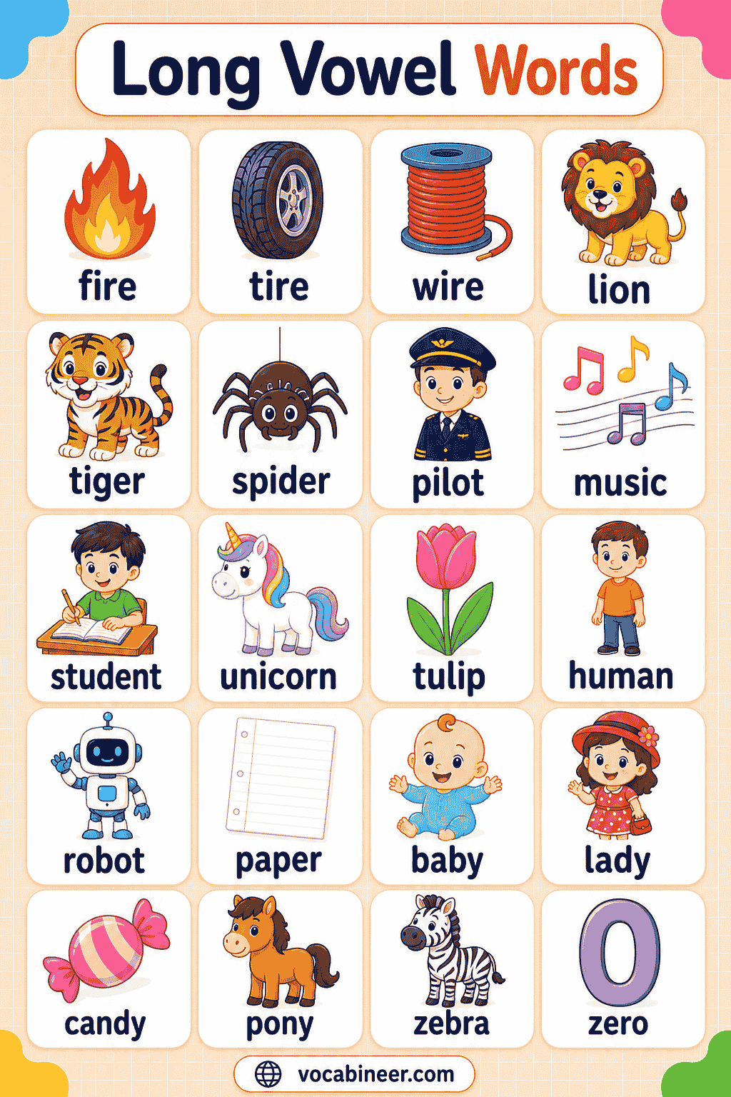 Long Vowel Words for Kids A, E, I, O, U with 200+ Examples
