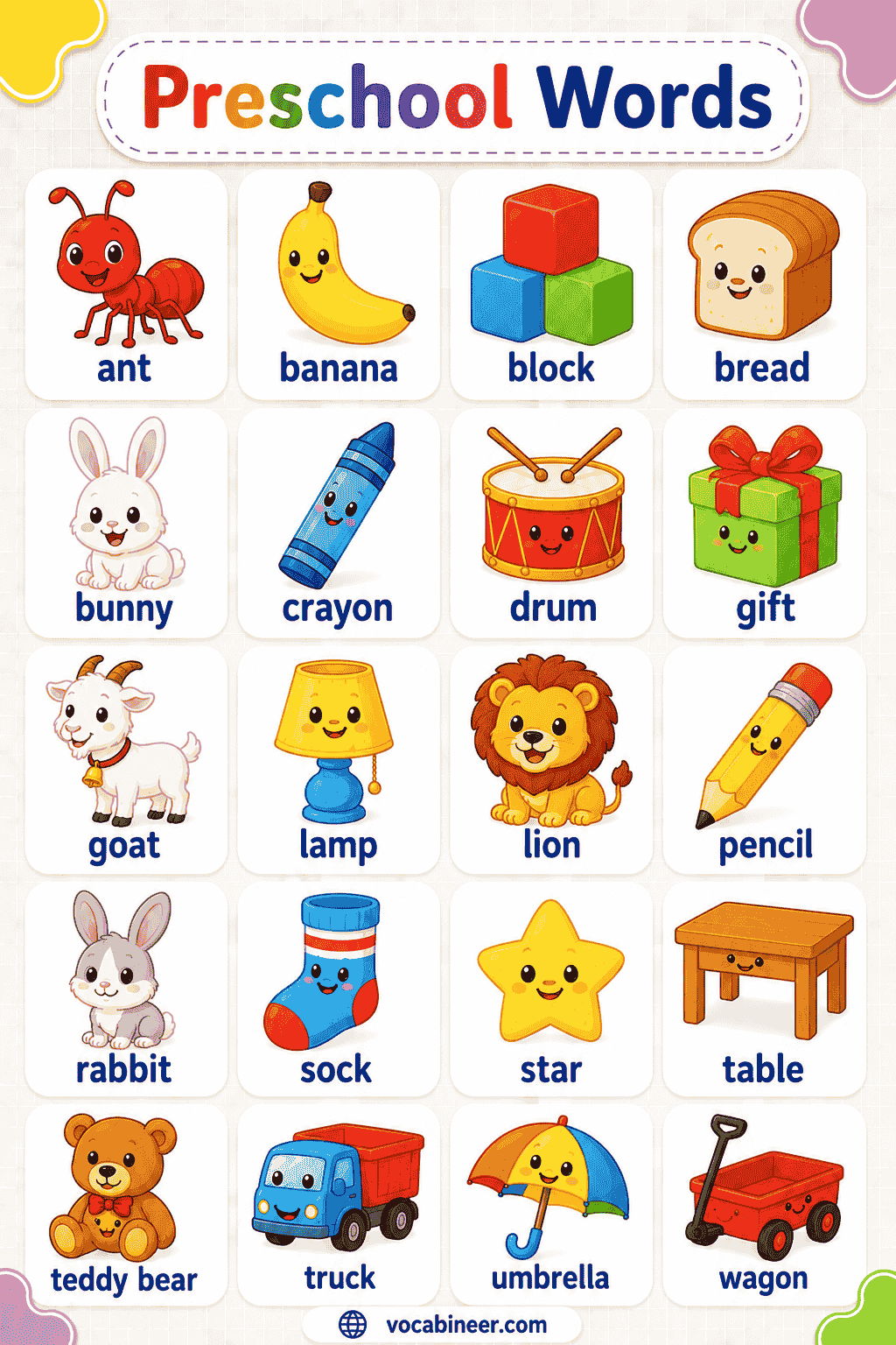 Preschool Vocabulary Words for Kids with Examples