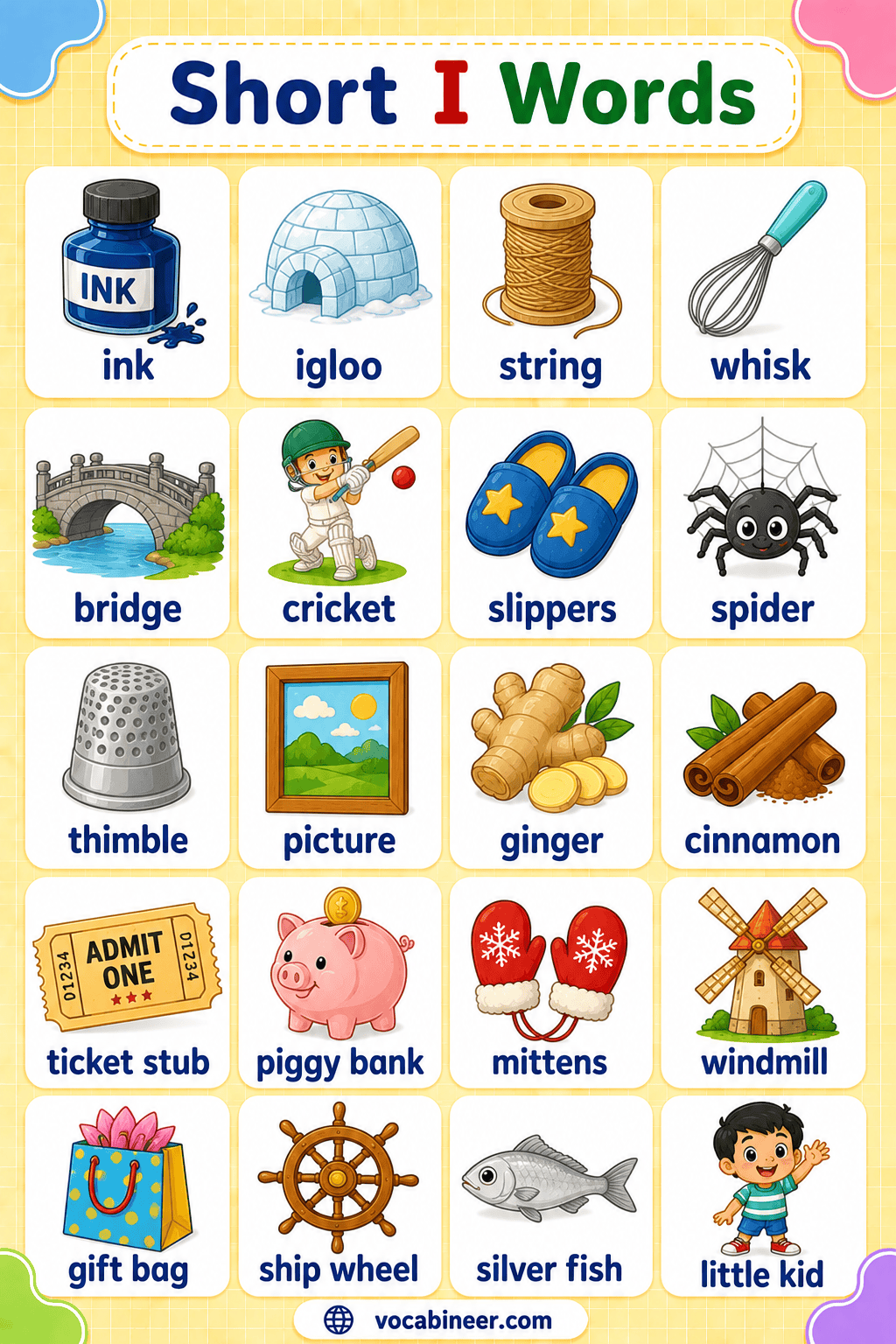 Short I Words List Chart for Kids