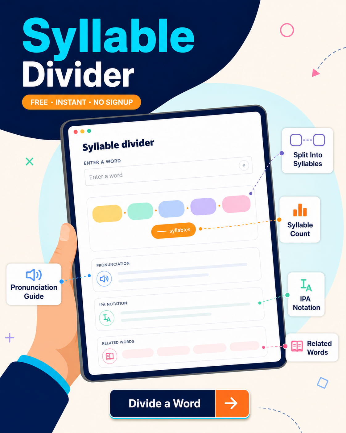 Syllable divider with separated word parts, syllable count, pronunciation audio, IPA notation, and related words for each word.