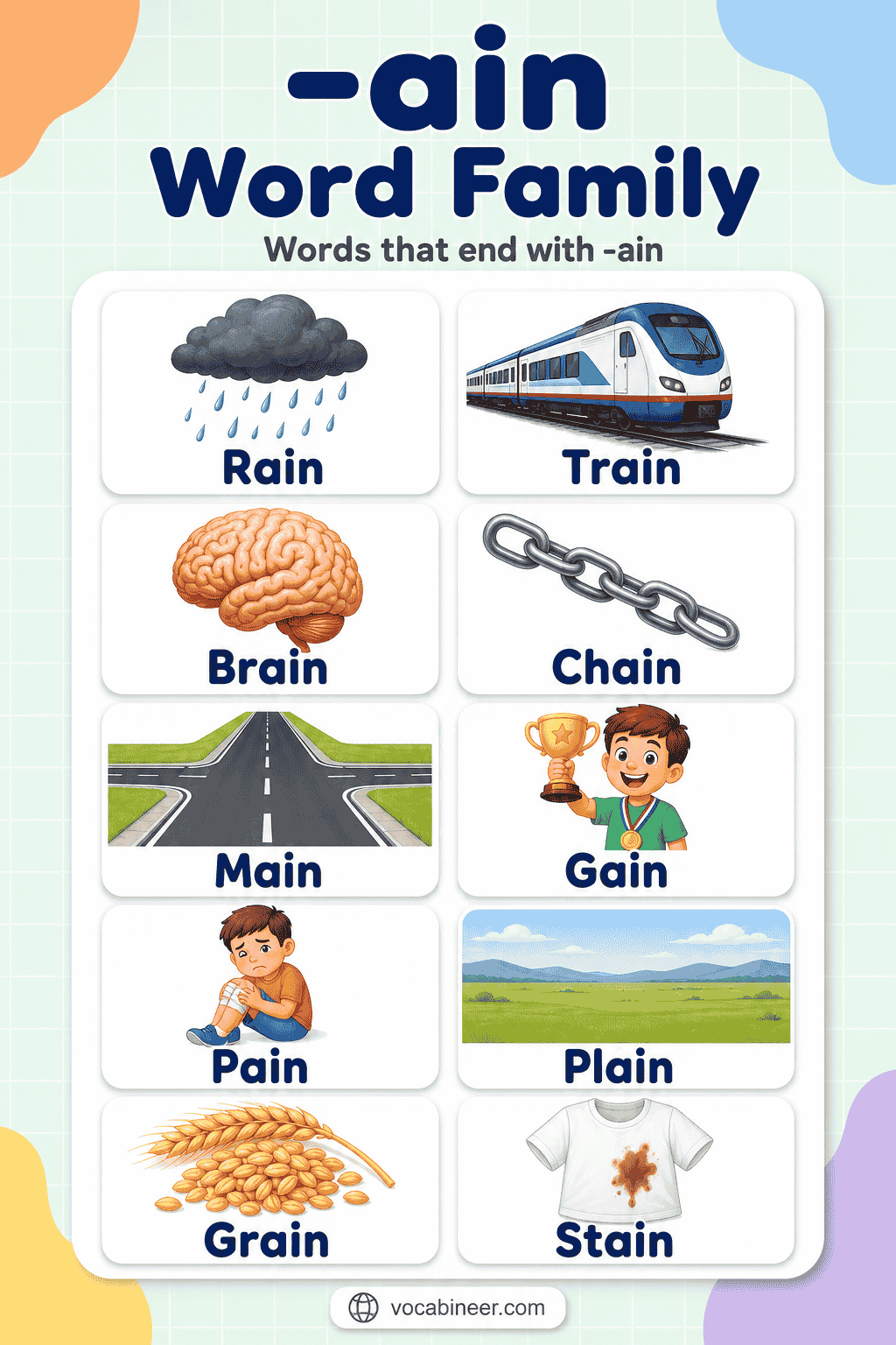 -ain Word List for Kids with Simple Sentences
