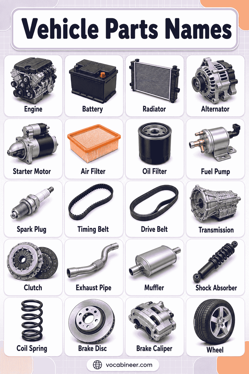 Vehicle Parts List with Names, Uses, and Pictures