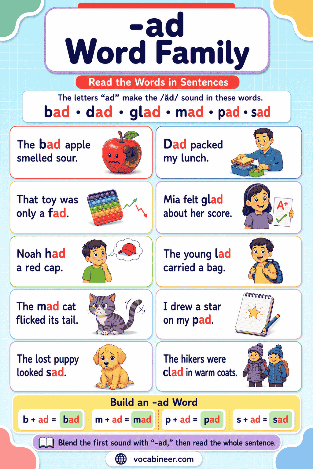 -ad Phonics Words, Sentences, and Reading Practice