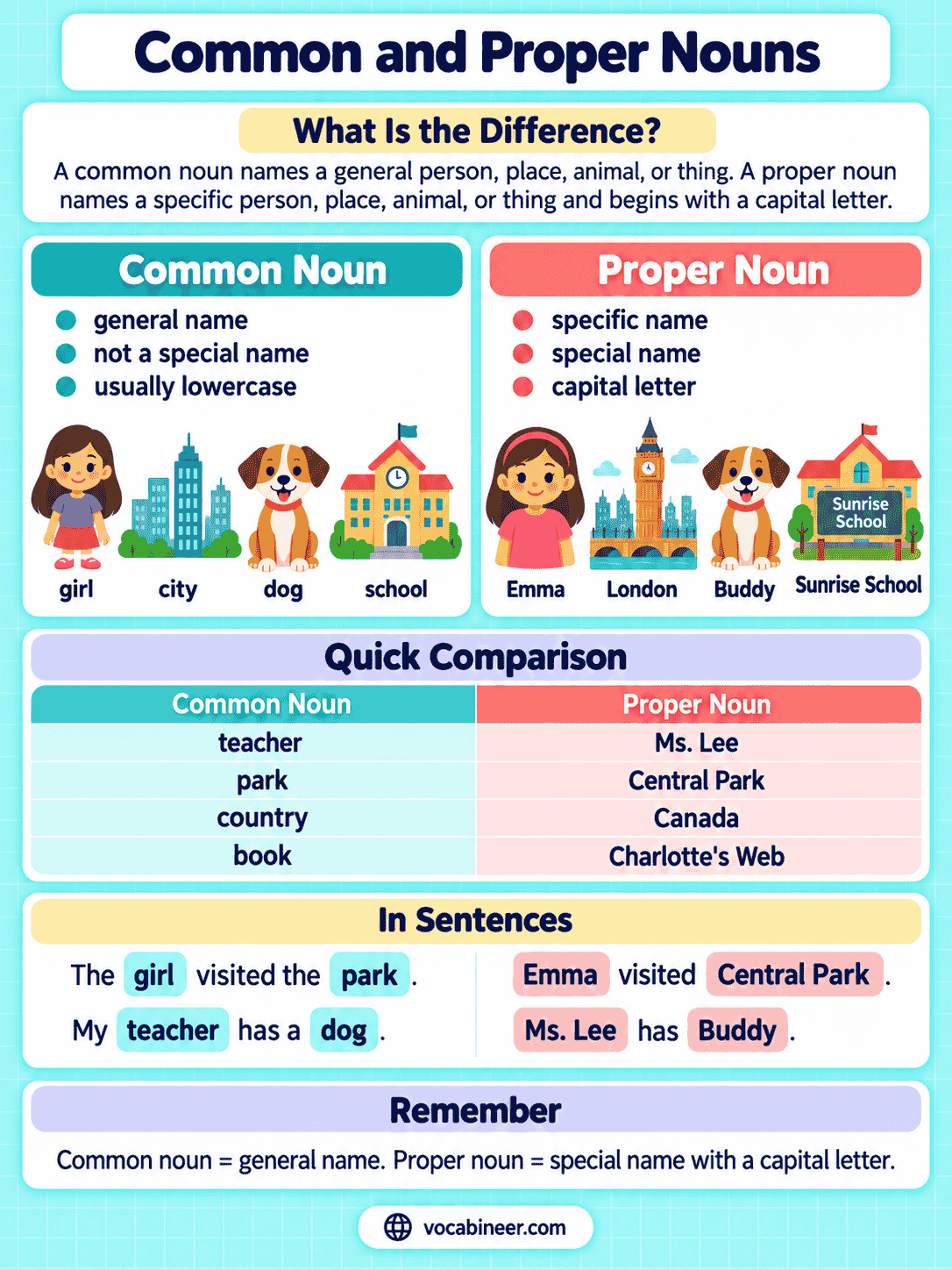 Common and Proper Nouns in English Grammar with Examples