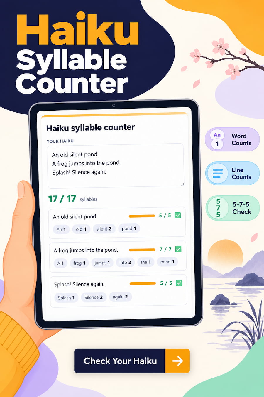Haiku syllable counter checking a three line poem against 5-7-5, with each line counted and 17 syllables in total